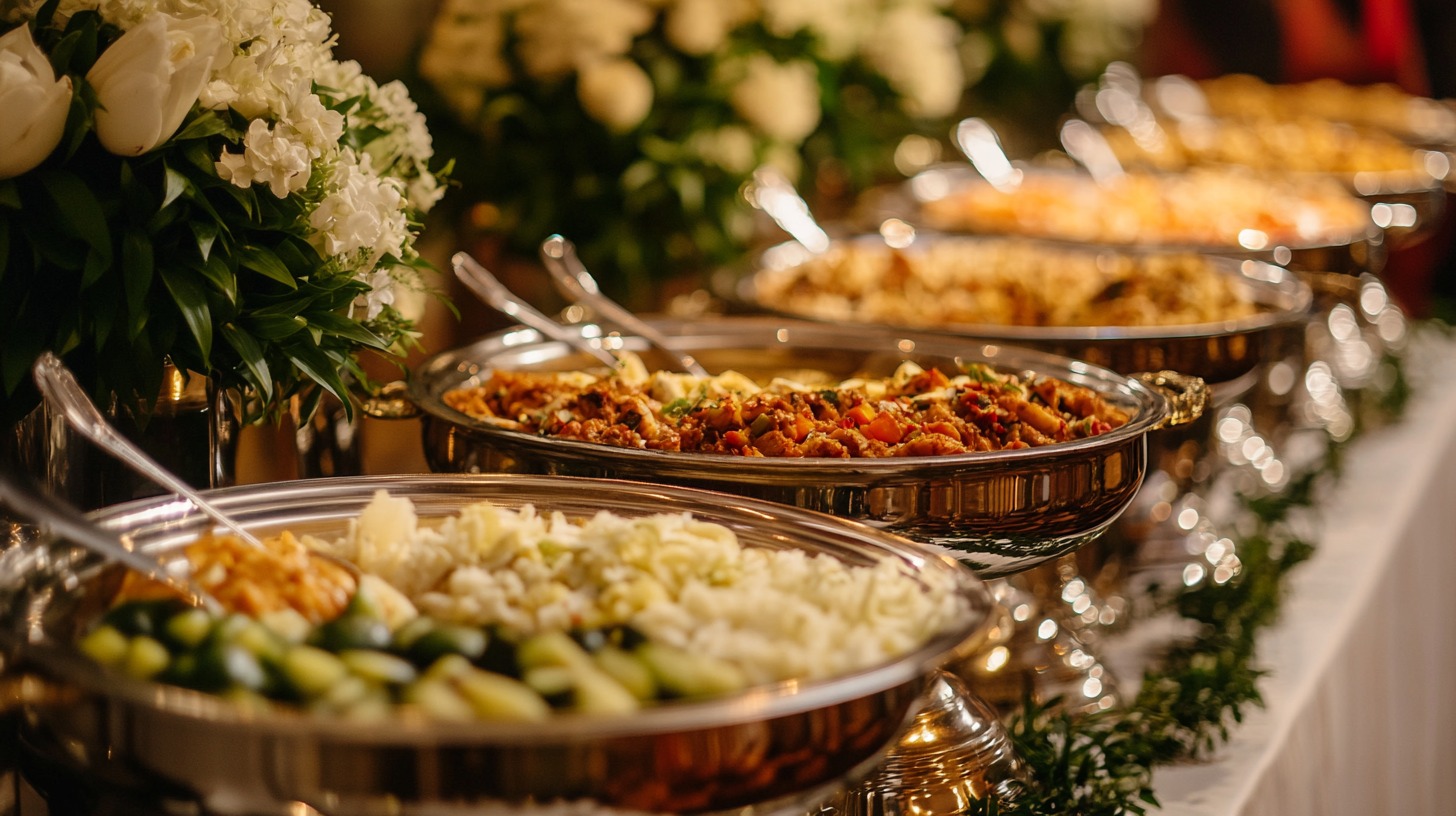 buffet table filled with various dishes, including vegetables and meats, surrounded by flowers and serving spoons