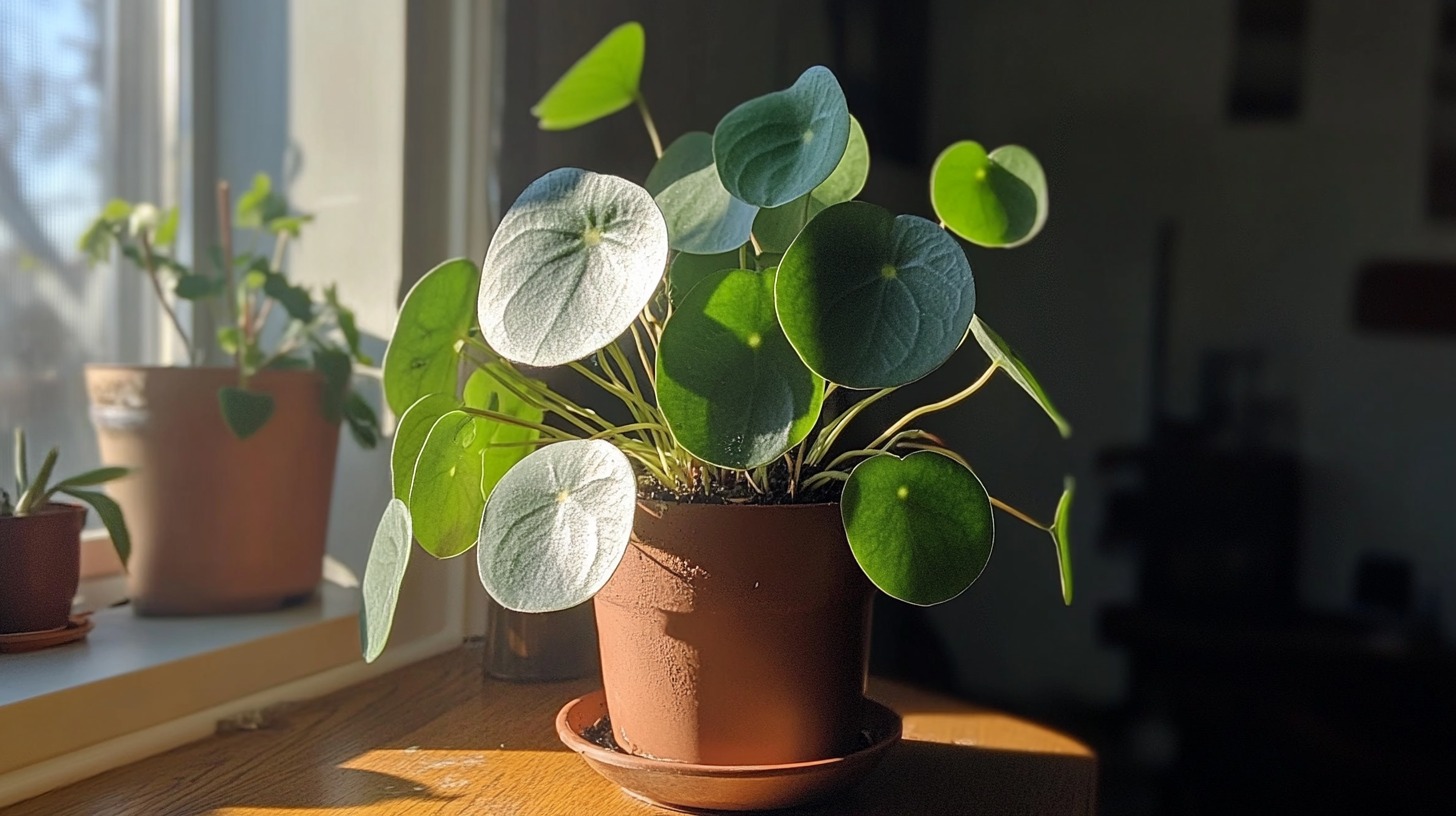 Chinese Money Plant (Pilea Peperomioides) in a terracotta pot placed on a wooden windowsill, with sunlight streaming in