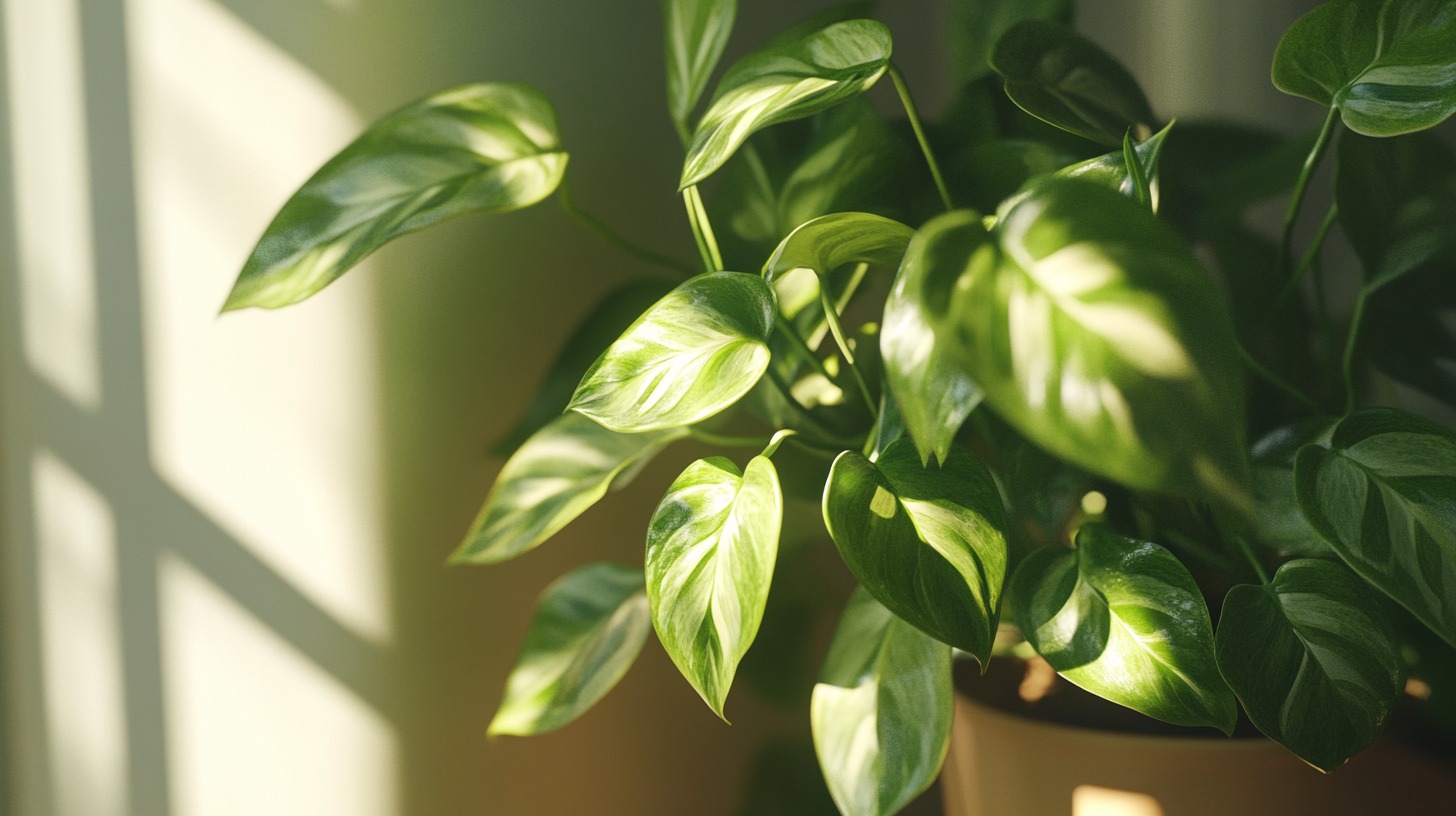 Close-up of a Golden Pothos plant with vibrant, green, variegated leaves basking in sunlight