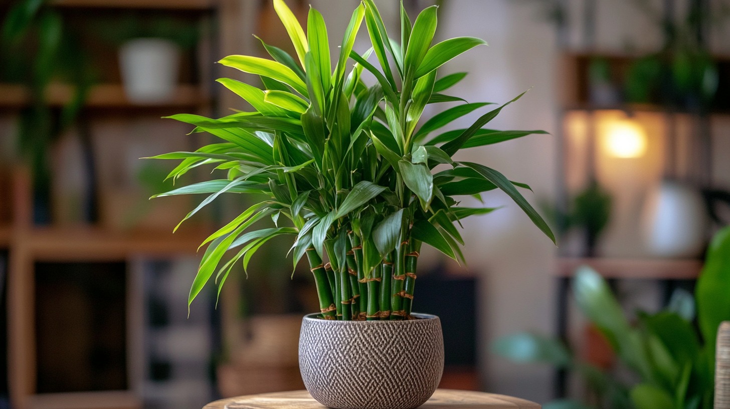 vibrant Lucky Bamboo plant in a decorative pot placed on a wooden surface in a cozy room