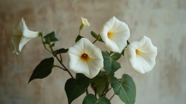 Close-up of delicate white flowers with a yellow center and green leaves against a neutral background