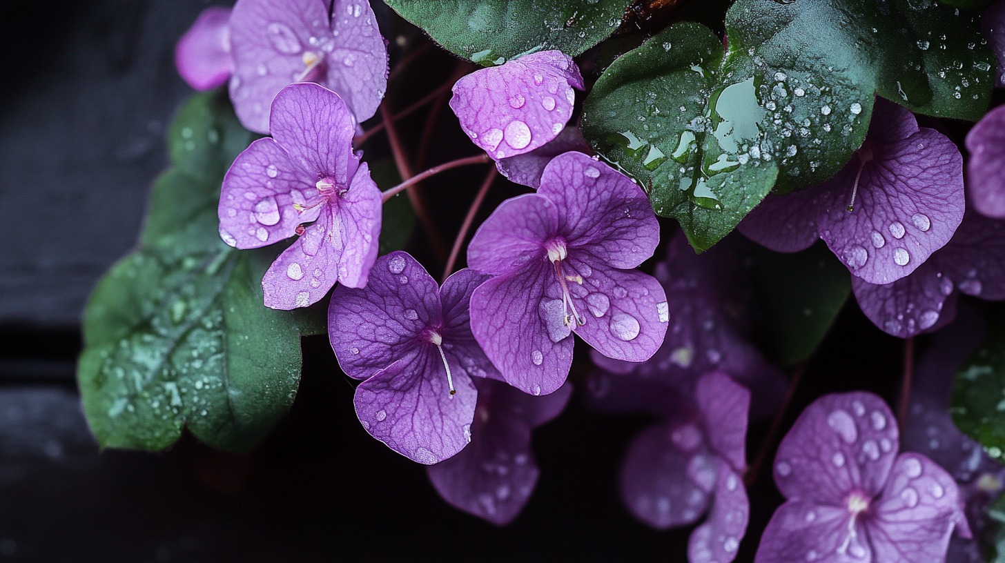 Close-up of vibrant purple flowers with fresh raindrops on their petals and leaves