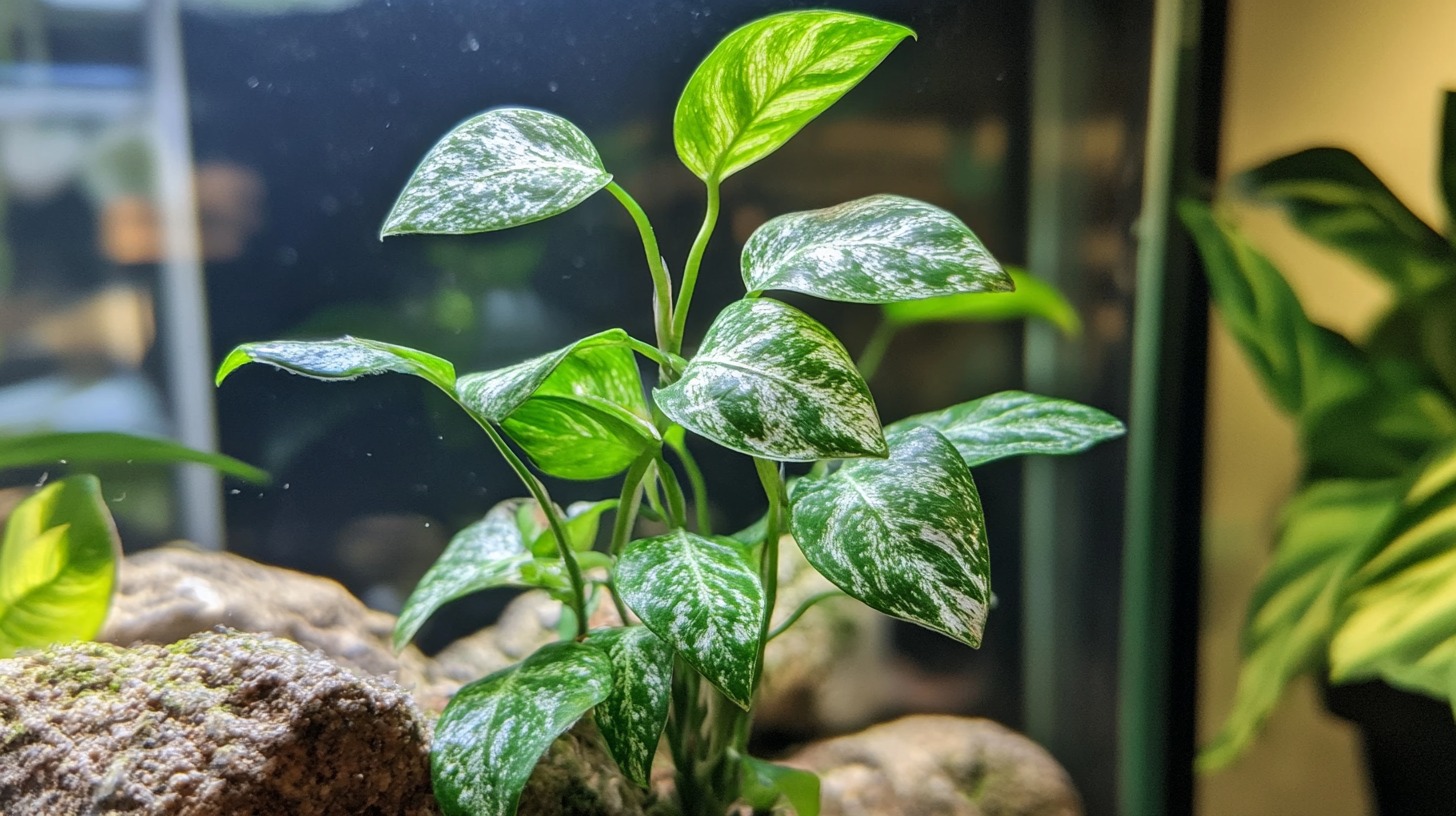 Close-up of Snow Queen Pothos with green leaves speckled with white variegation, placed indoors