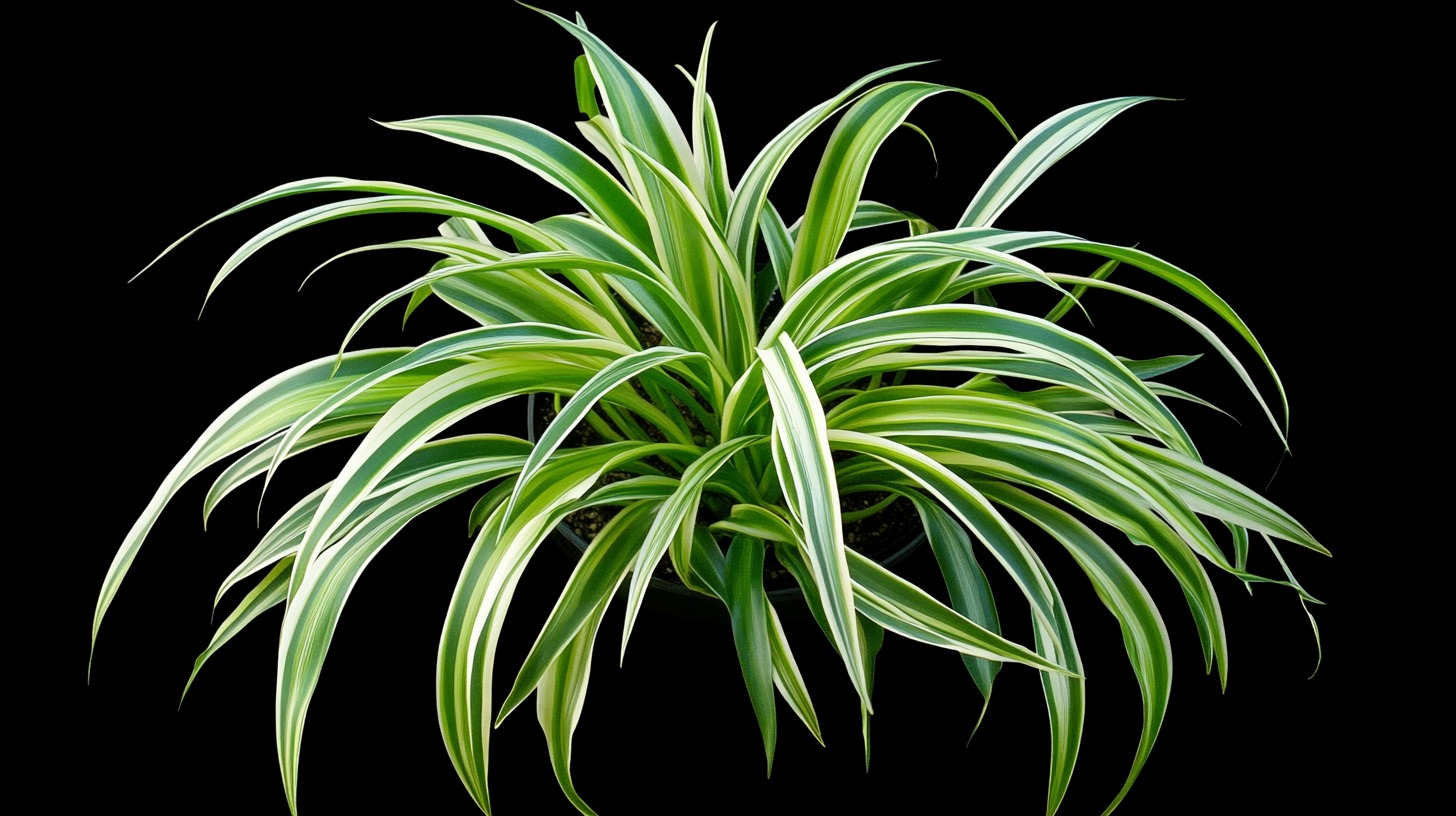 A lush Spider Plant with long, arching green and white striped leaves on a black background