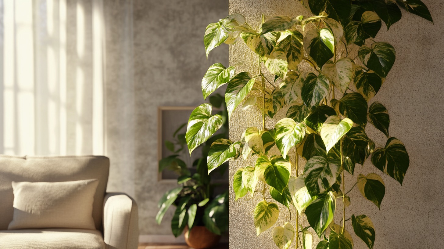 A vibrant money plant with variegated leaves climbing up a wall in a sunlit, cozy room